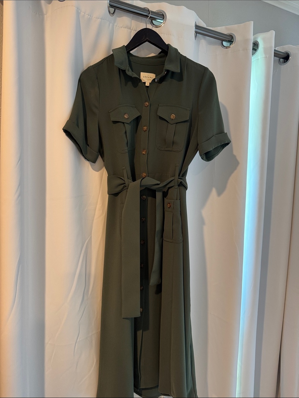 Sezane Raquel Olive Green Button-Front Midi Shirt Dress. Size 38 (6) - Picture 2 of 4
